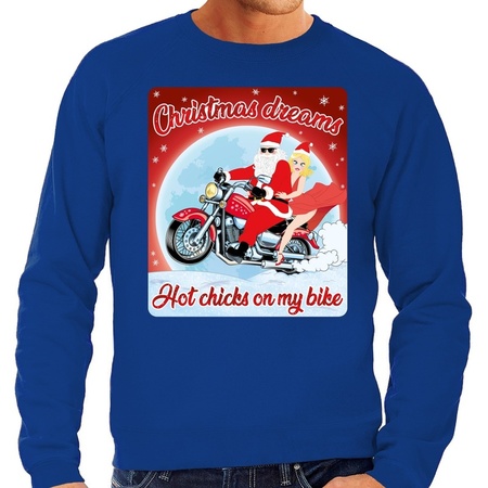 Foute kersttrui voor motorliefhebbers hot chicks blauw heren