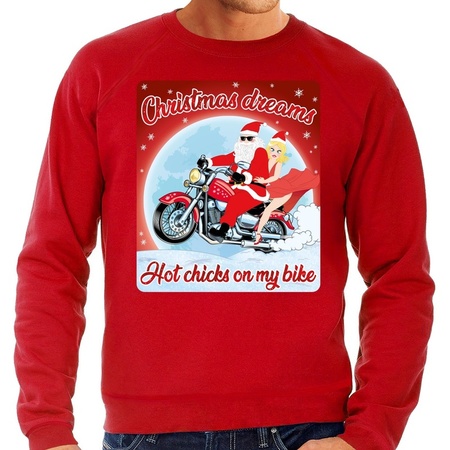 Foute kersttrui voor motorliefhebbers hot chicks rood heren