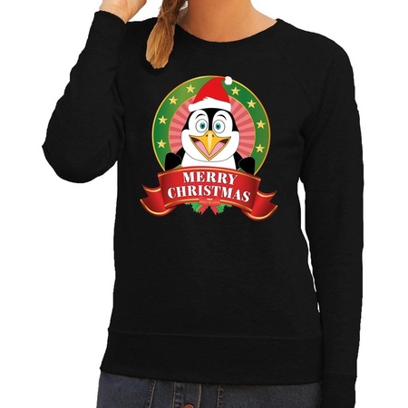 Foute kersttrui zwart Merry Christmas pinguin voor dames