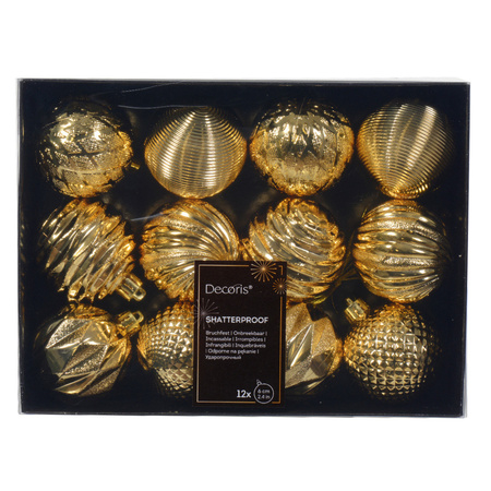12x st gedecoreerde kerstballen 6 cm incl. folieslinger - goud - kunststof