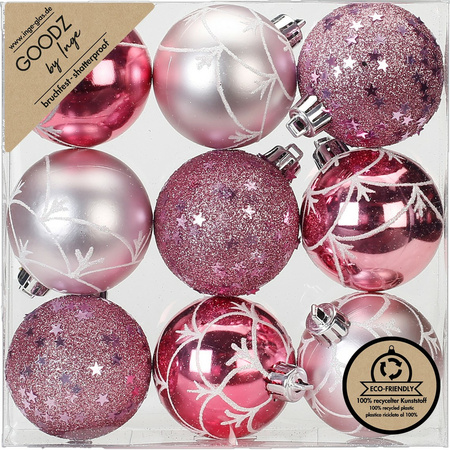Gedecoreerde kerstballen - 9x st - 6 cm - kunststof - roze