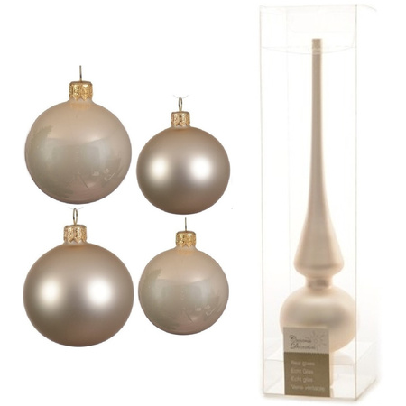 Glazen kerstballen pakket champagne glans/mat 38x stuks 4 en 6 cm met piek mat
