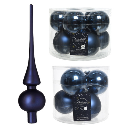 Glass Christmas boubles set 32x pieces dark blue with tree topper frosted