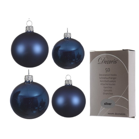Glazen kerstballen pakket donkerblauw glans/mat 38x stuks 4 en 6 cm inclusief haakjes