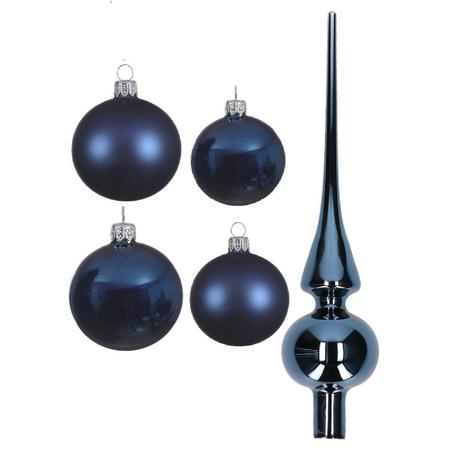 Glazen kerstballen pakket donkerblauw glans/mat 38x stuks 4 en 6 cm met piek glans