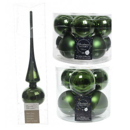 Glass Christmas boubles set 32x pieces dark green with tree topper gloss