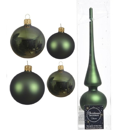 Glass Christmas boubles set 38x pieces dark green 4 and 6 cm with tree topper frosted
