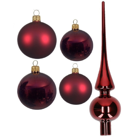 Glass Christmas boubles set 38x pieces dark red 4 and 6 cm with tree topper gloss