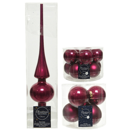 Glazen kerstballen pakket framboos roze glans/mat 32x stuks inclusief piek glans