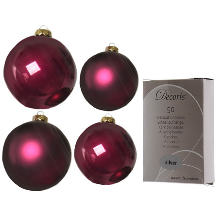 Glazen kerstballen pakket framboos roze glans/mat 38x stuks 4 en 6 cm inclusief haakjes
