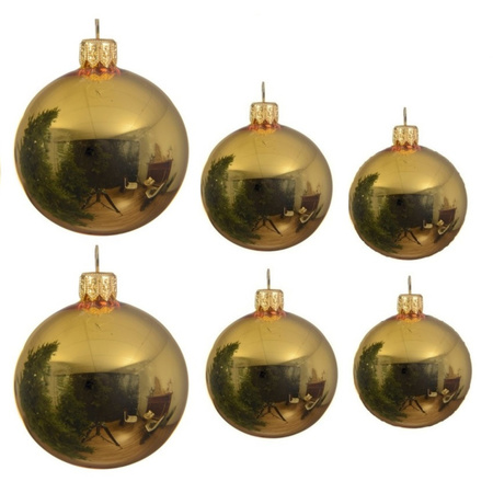 Glazen kerstballen pakket goud glans 16x stuks diverse maten