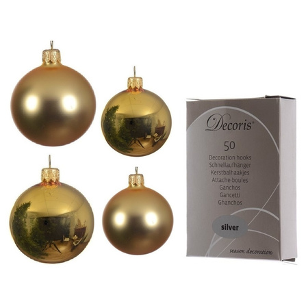 Glazen kerstballen pakket goud glans/mat 38x stuks 4 en 6 cm inclusief haakjes