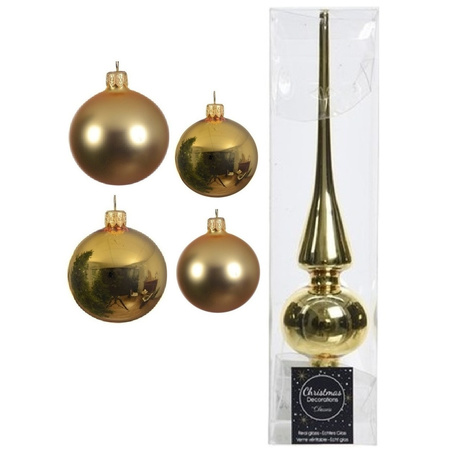 Glazen kerstballen pakket goud glans/mat 38x stuks 4 en 6 cm met piek glans