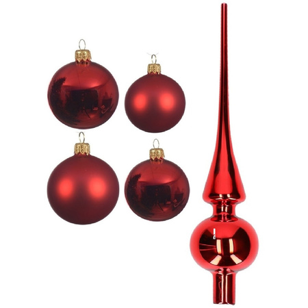Glass Christmas boubles set 38x pieces christmas red 4 and 6 cm with tree topper gloss