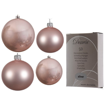 Glazen kerstballen pakket lichtroze glans/mat 38x stuks 4 en 6 cm inclusief haakjes