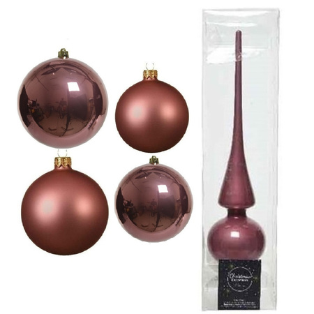 Glazen kerstballen pakket oud roze glans/mat 38x stuks 4 en 6 cm met piek glans