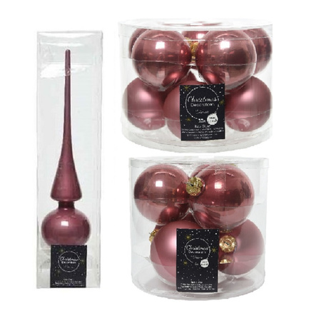 Glazen kerstballen pakket oudroze glans/mat 32x stuks inclusief piek glans