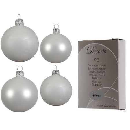 Glazen kerstballen pakket winter wit glans/mat 38x stuks 4 en 6 cm inclusief haakjes