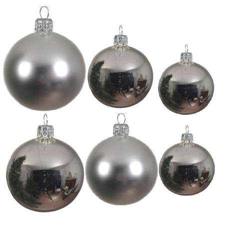 Glazen kerstballen pakket zilver glans/mat 16x stuks diverse maten