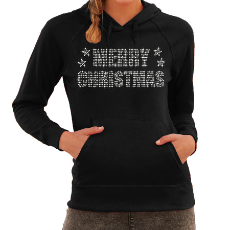 Glitter foute kersttrui hoodie zwart Merry Christmas glitter steentjes voor dames - Capuchon trui