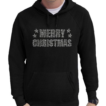 Glitter foute kersttrui hoodie zwart Merry Christmas glitter steentjes voor heren - Capuchon trui