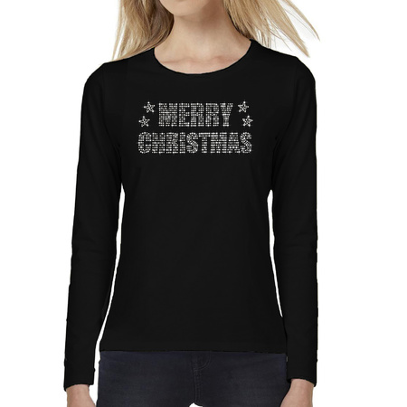 Glitter kerst longsleeve shirt zwart Merry Christmas glitter steentjes voor dames - Lange mouwen