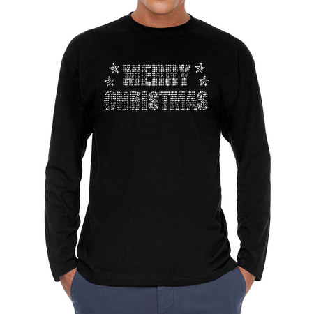 Glitter kerst longsleeve shirt zwart Merry Christmas glitter steentjes voor heren - Lange mouwen