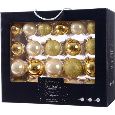 Christmas 5-6-7 cm baubles mix set glas gold/champagne 42x pieces with hooks