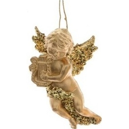 Gold angel with harp Christmas tree decoration 10 cm