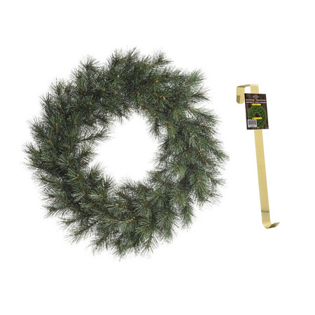 Groene kerstkrans 50 cm Malmo voor de deur/poort met gouden hanger
