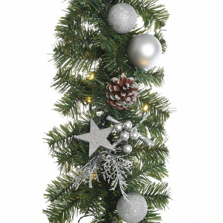 serveerster Uitsluiten volwassen Groene/zilver kerst dennen slinger met verlichting 180 cm voor kerst  bestellen, Kerst decoratie winkel met Groene/zilver kerst dennen slinger  met verlichting