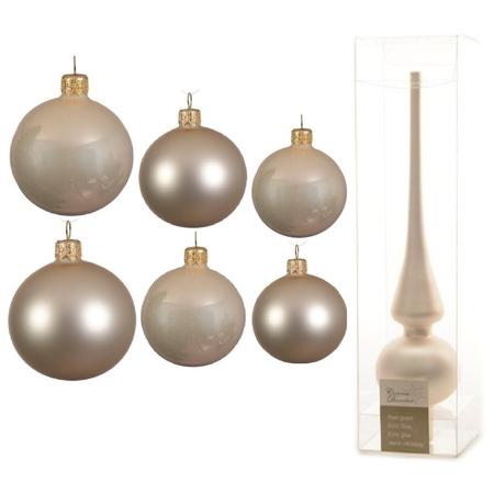 Groot pakket glazen kerstballen 50x champagne glans/mat 4-6-8 cm met piek mat