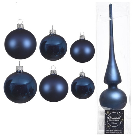 Groot pakket glazen kerstballen 50x donkerblauw glans/mat 4-6-8 cm met piek mat