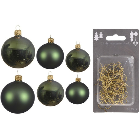 Groot pakket glazen kerstballen 50x donkergroen glans/mat 4-6-8 cm incl haakjes