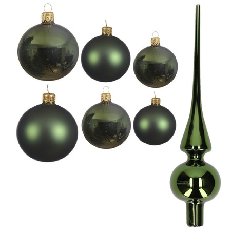 Large set glass Christmas boubles 50x pieces dark green 4-6-8 cm with tree topper gloss