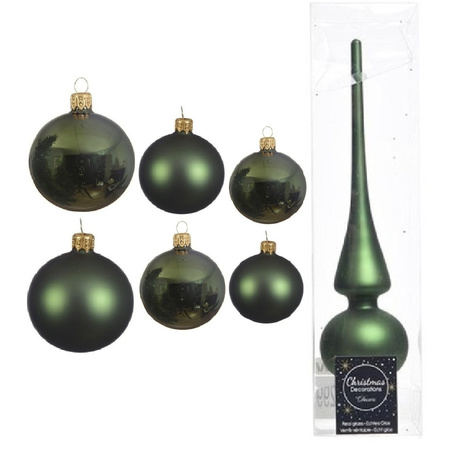 Large set glass Christmas boubles 50x pieces dark green 4-6-8 cm with tree topper frosted
