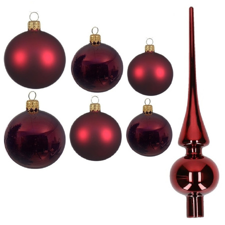 Large set glass Christmas boubles 50x pieces deep red 4-6-8 cm with tree topper gloss