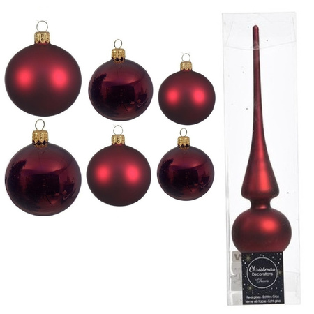 Groot pakket glazen kerstballen 50x donkerrood glans/mat 4-6-8 cm met piek mat