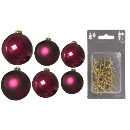Groot pakket glazen kerstballen 50x framboos roze glans/mat 4-6-8 cm incl haakjes