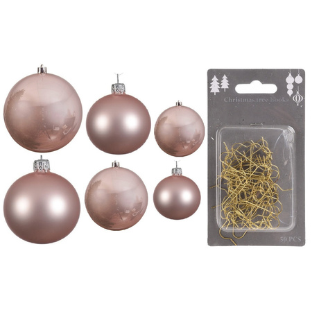 Groot pakket glazen kerstballen 50x lichtroze glans/mat 4-6-8 cm incl haakjes