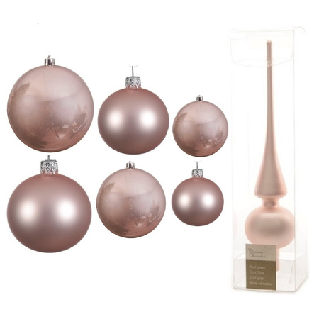 Large set glass Christmas boubles 50x pieces light pink 4-6-8 cm with tree topper frosted