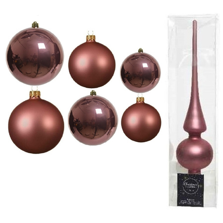 Groot pakket glazen kerstballen 50x oud roze glans/mat 4-6-8 cm met piek mat