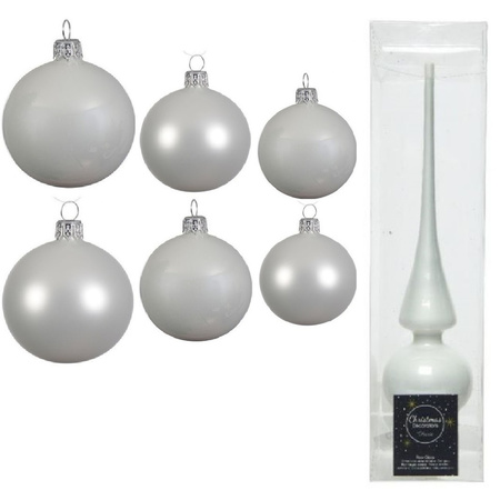 Groot pakket glazen kerstballen 50x winter wit glans/mat 4-6-8 cm met piek glans
