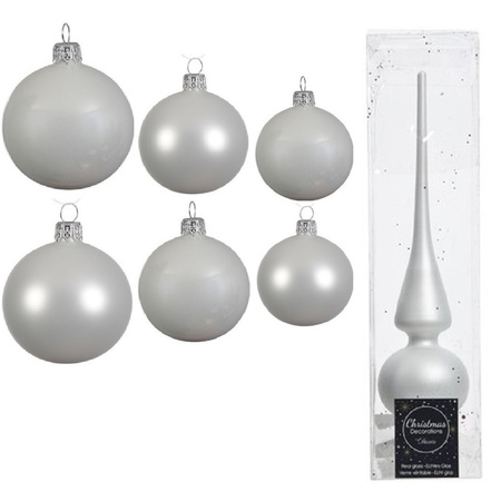 Groot pakket glazen kerstballen 50x winter wit glans/mat 4-6-8 cm met piek mat