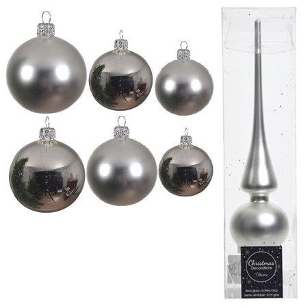 Groot pakket glazen kerstballen 50x zilver glans/mat 4-6-8 cm met piek mat