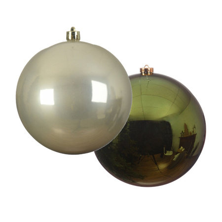 Grote decoratie kerstballen - 2x st - 14 cm - champagne en donkergroen - kunststof