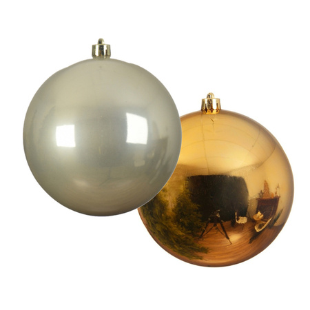 Grote decoratie kerstballen - 2x st - 14 cm - champagne en goud - kunststof