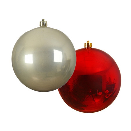 Grote decoratie kerstballen - 2x st - 14 cm - champagne en rood - kunststof