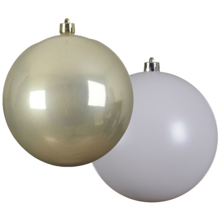 Large plastic christmas baubles - 2x pcs - champagne and white - 20 cm