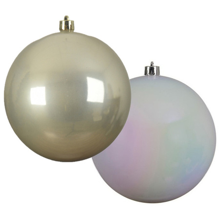 Grote decoratie kerstballen - 2x st - 20 cm- champagne en wit parelmoer - kunststof